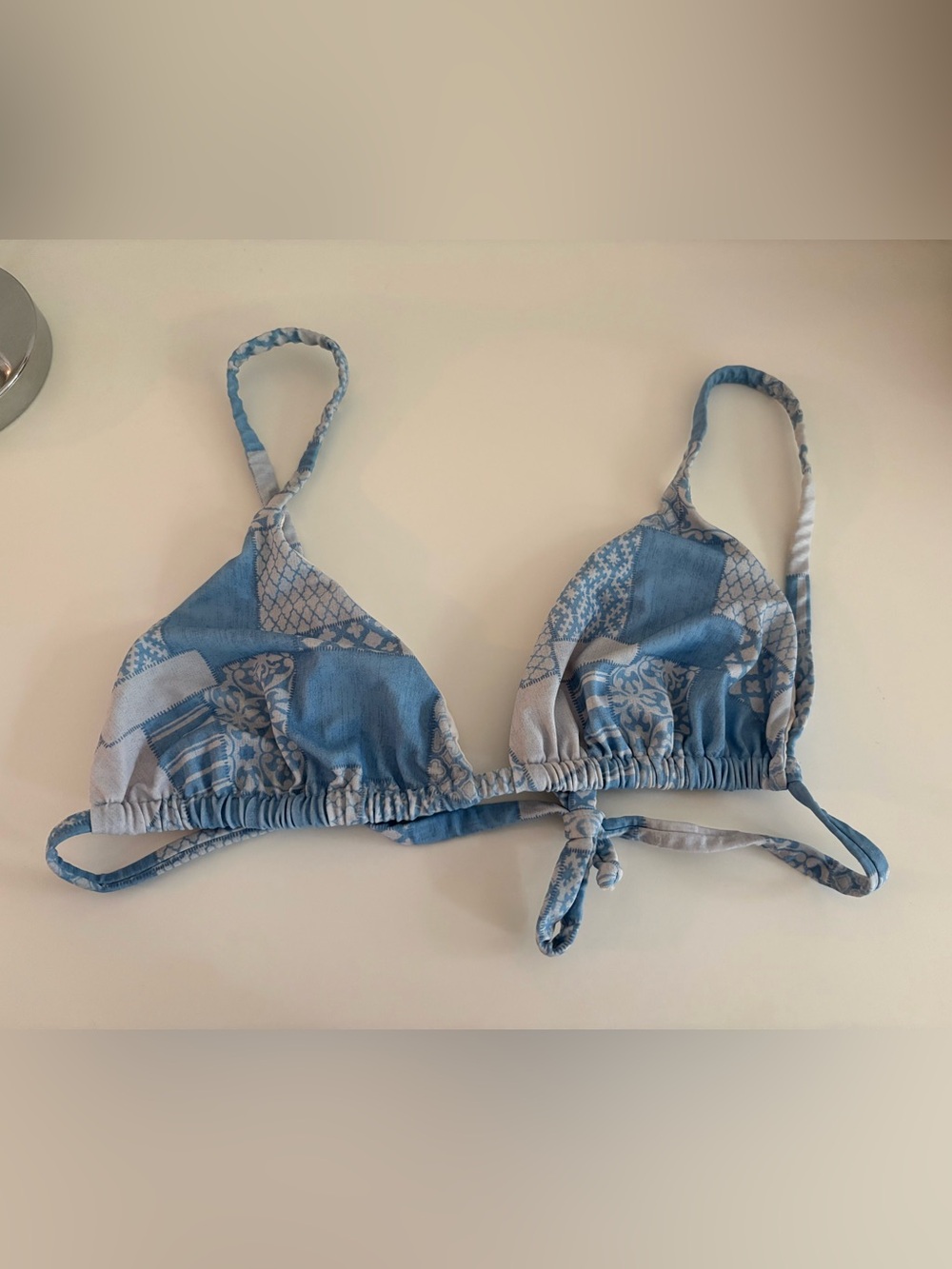 Light Blue Patchwork Triangle Bikini Top
